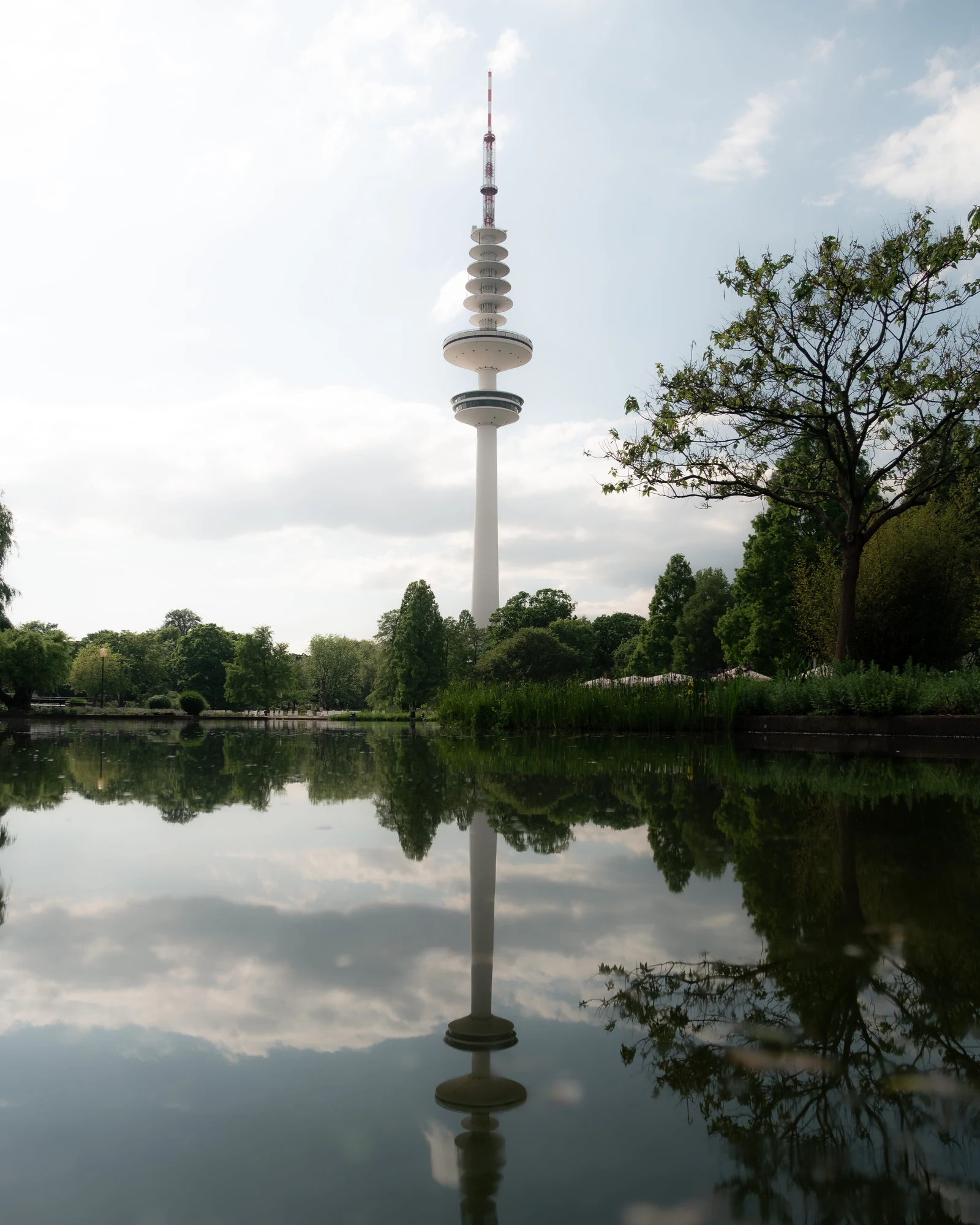 A communications tower and trees reflected in a still pond