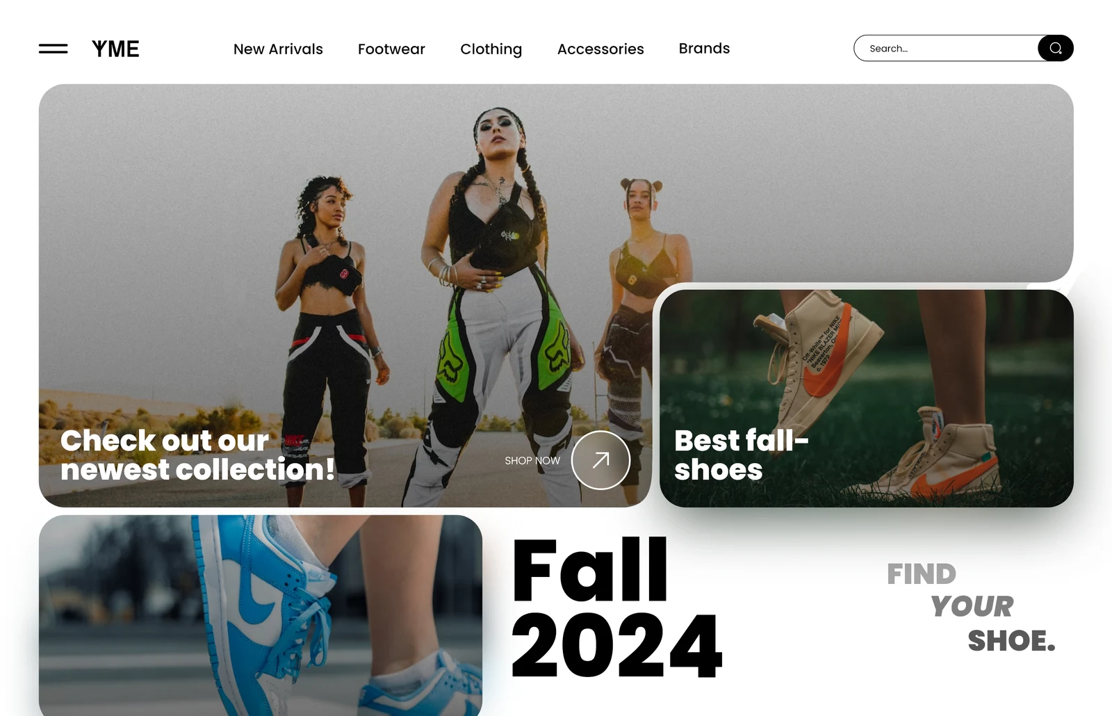 YME storefront design with fashion and footwear imagery and a Fall 2024 headline