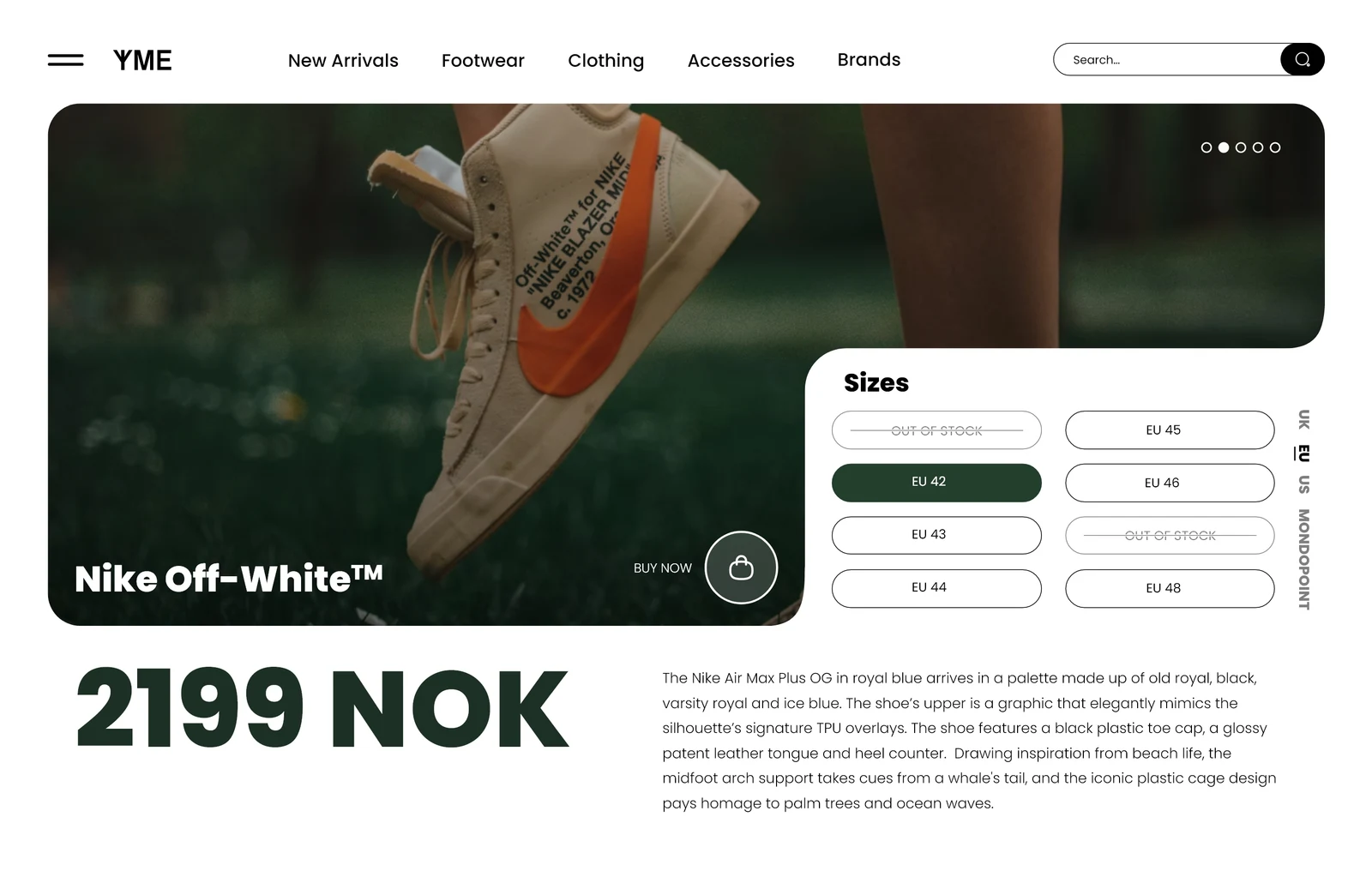 YME product-page design with an orange-accented shoe, size selection and product details