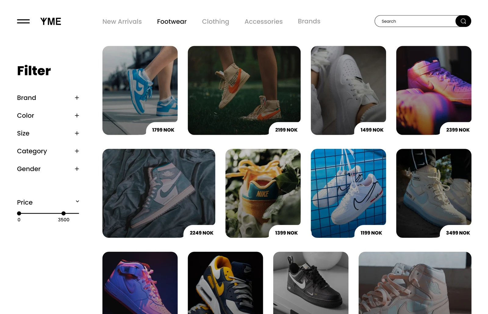 YME footwear listing design with a filter sidebar and a grid of products