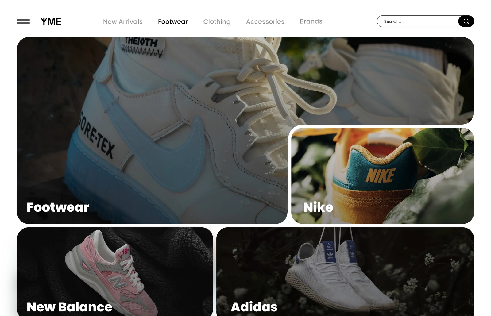 YME footwear category design with overlapping product images