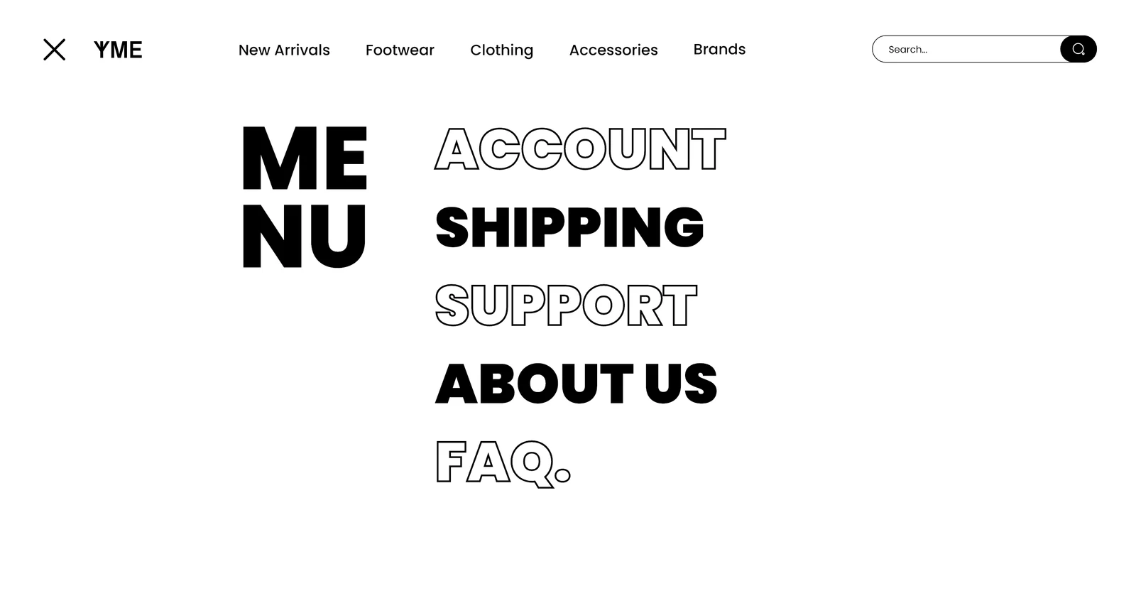 YME navigation design with Account, Shipping, Support, About us and FAQ links