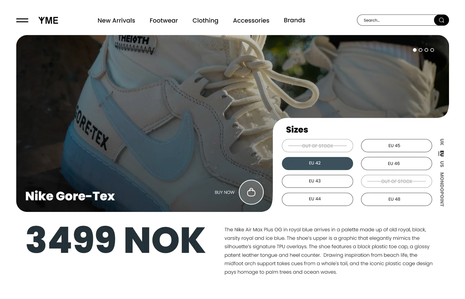 YME product-page design featuring a pale Gore-Tex shoe and size selection