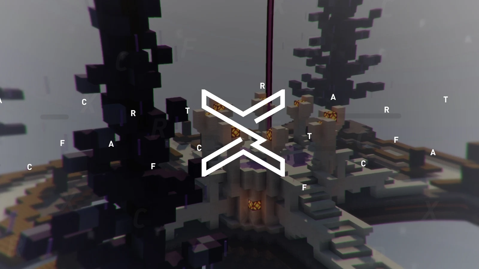 The white Xcraft logo over a Minecraft scene with scattered Xcraft lettering